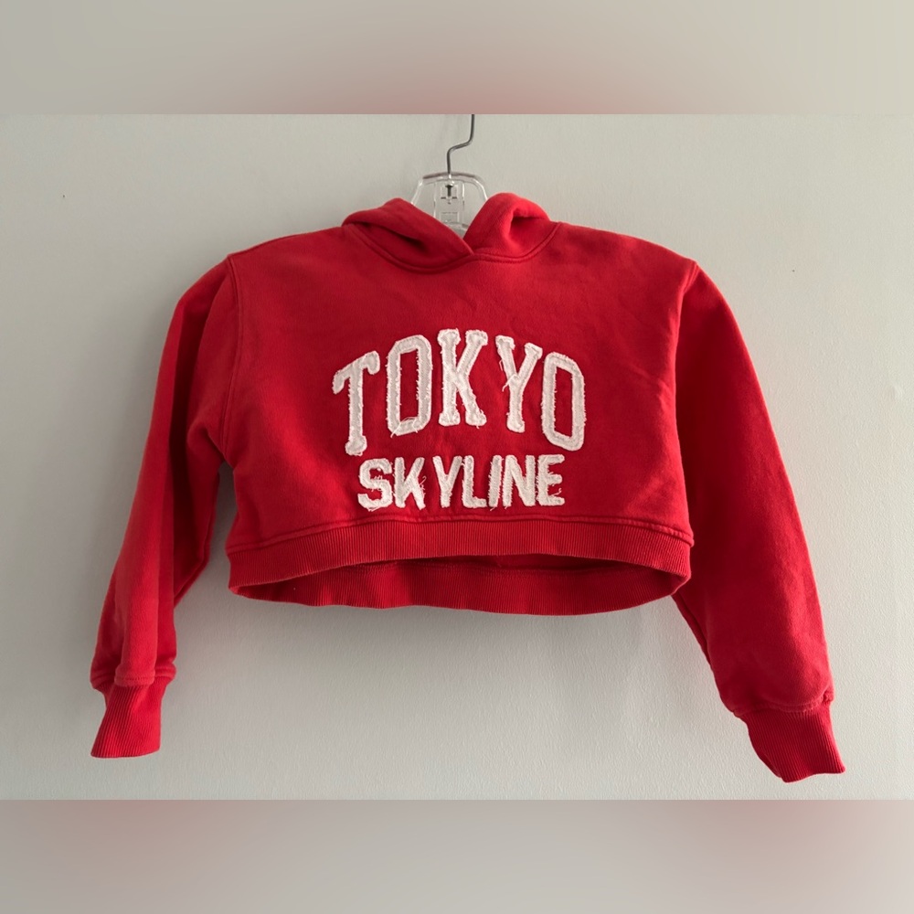 Zara Girl’s Red Tokyo Skyline Cropped Hoodie Size 9-10